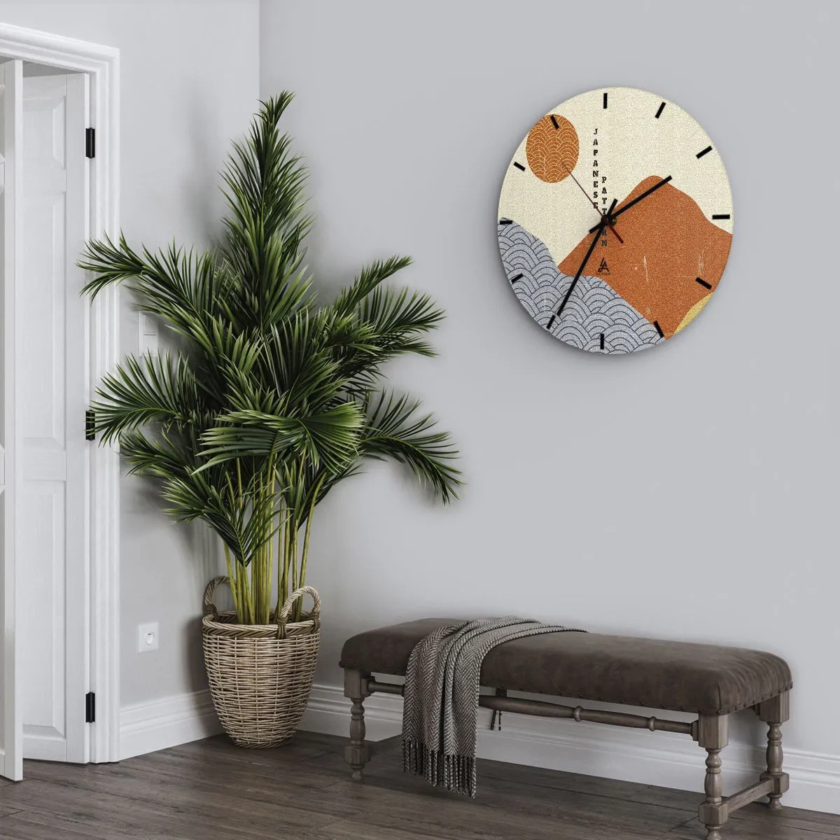 Nástenné hodiny - Grafické japonské vzory s horami, slnkom a vlnami - 30x30cm - V japonskom duchu - Moderná nástenná dekorácia do obývacej izby, kuchyne a spálne ARTTOR