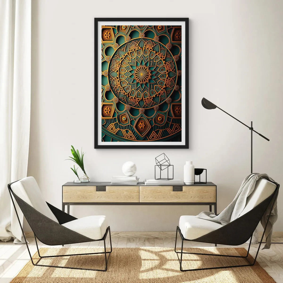 Plagát v čiernom ráme - Zlatá mandala na tmavom pozadí - 50x70cm - V arabskom štýle - Moderná nástenná dekorácia do obývacej izby a spálne ARTTOR