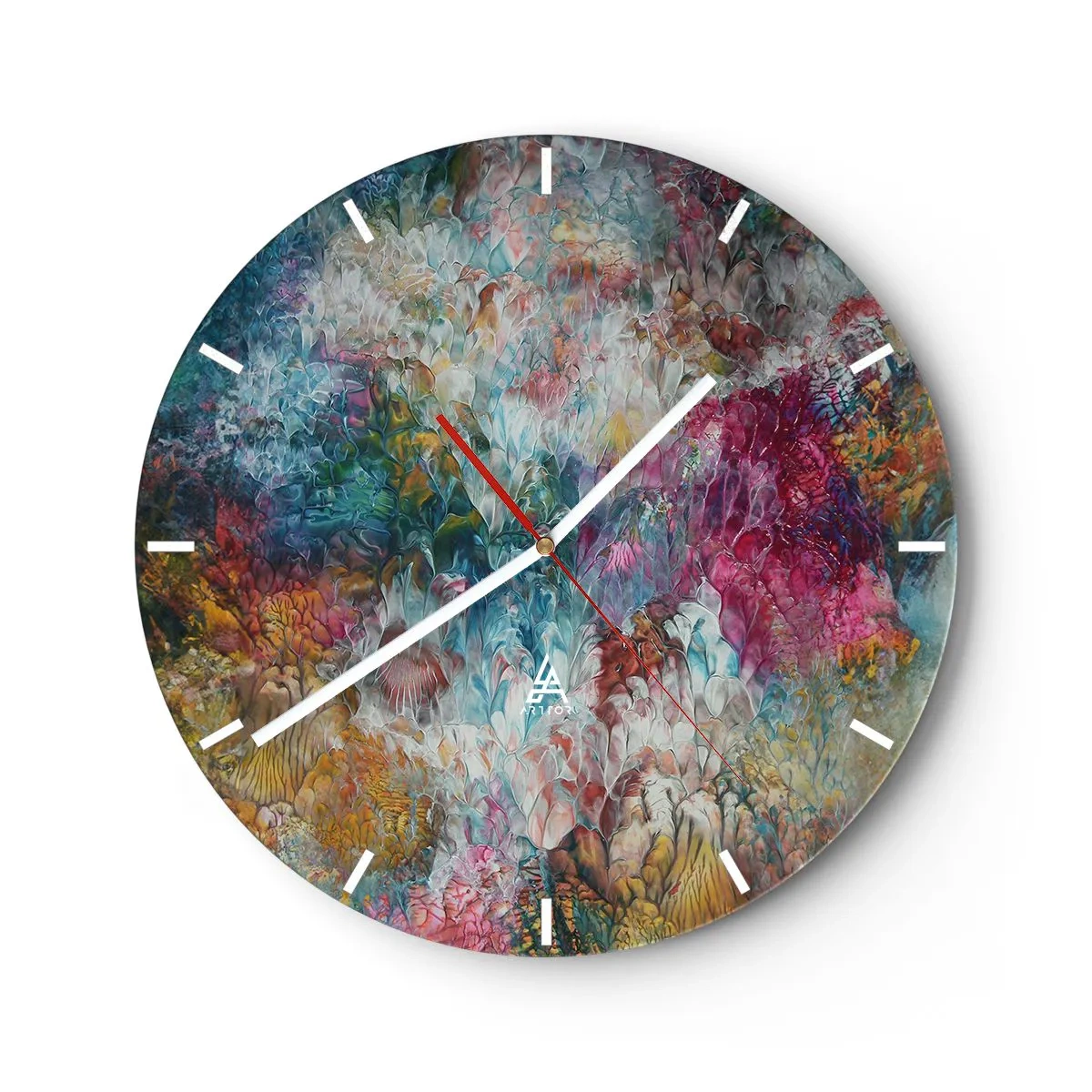Nástenné hodiny - Farebná kompozícia pripomínajúca abstraktné kvety - 30x30cm - V plnom rozkvete - Moderná nástenná dekorácia do obývacej izby, kuchyne a spálne ARTTOR