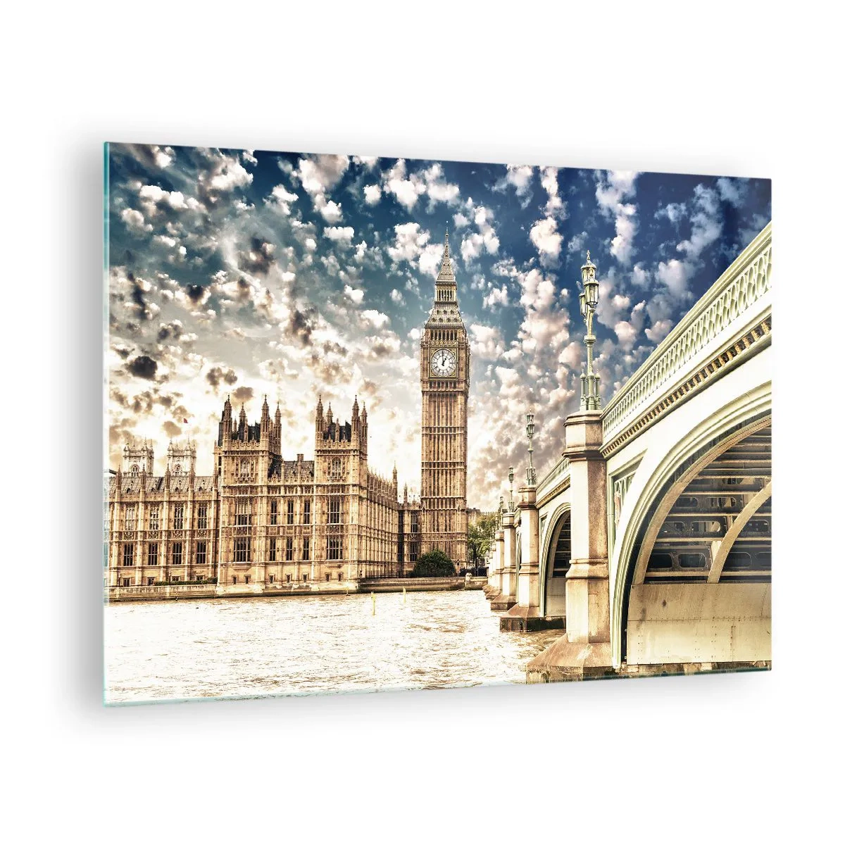 Obraz na skle - Big Ben a Westminsterský most v Londýne - 70x50cm - Perové oblaky nad Temžou - Moderná nástenná dekorácia do obývacej izby a spálne ARTTOR