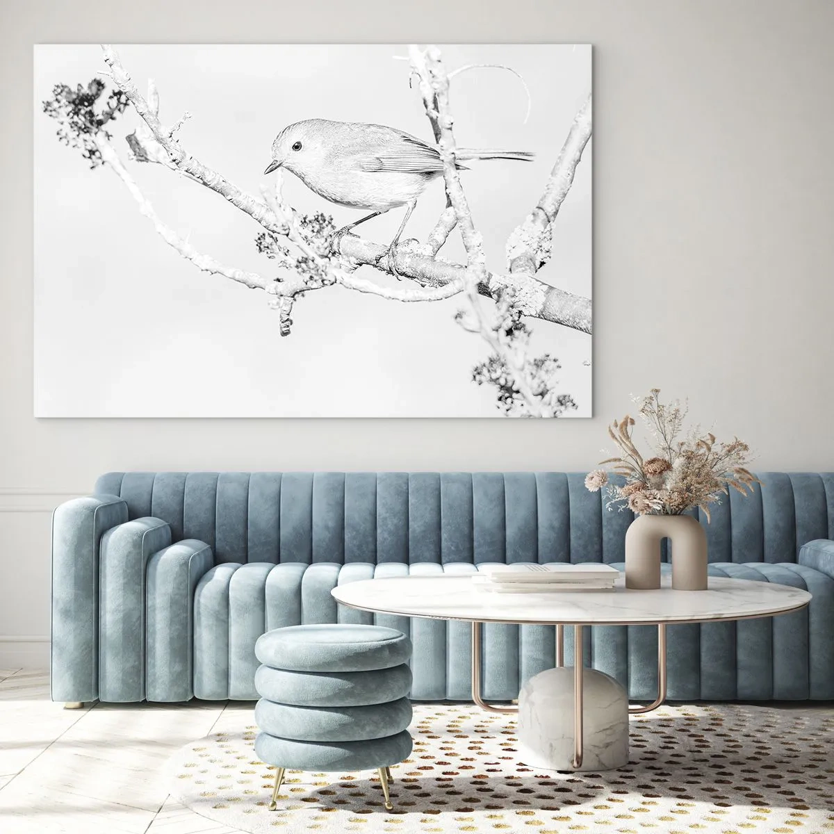 Obraz na skle - Vták sediaci na konári v monochromatickej zimnej scéne. - 70x50cm - Zimné ráno - Moderná nástenná dekorácia do obývacej izby a spálne ARTTOR