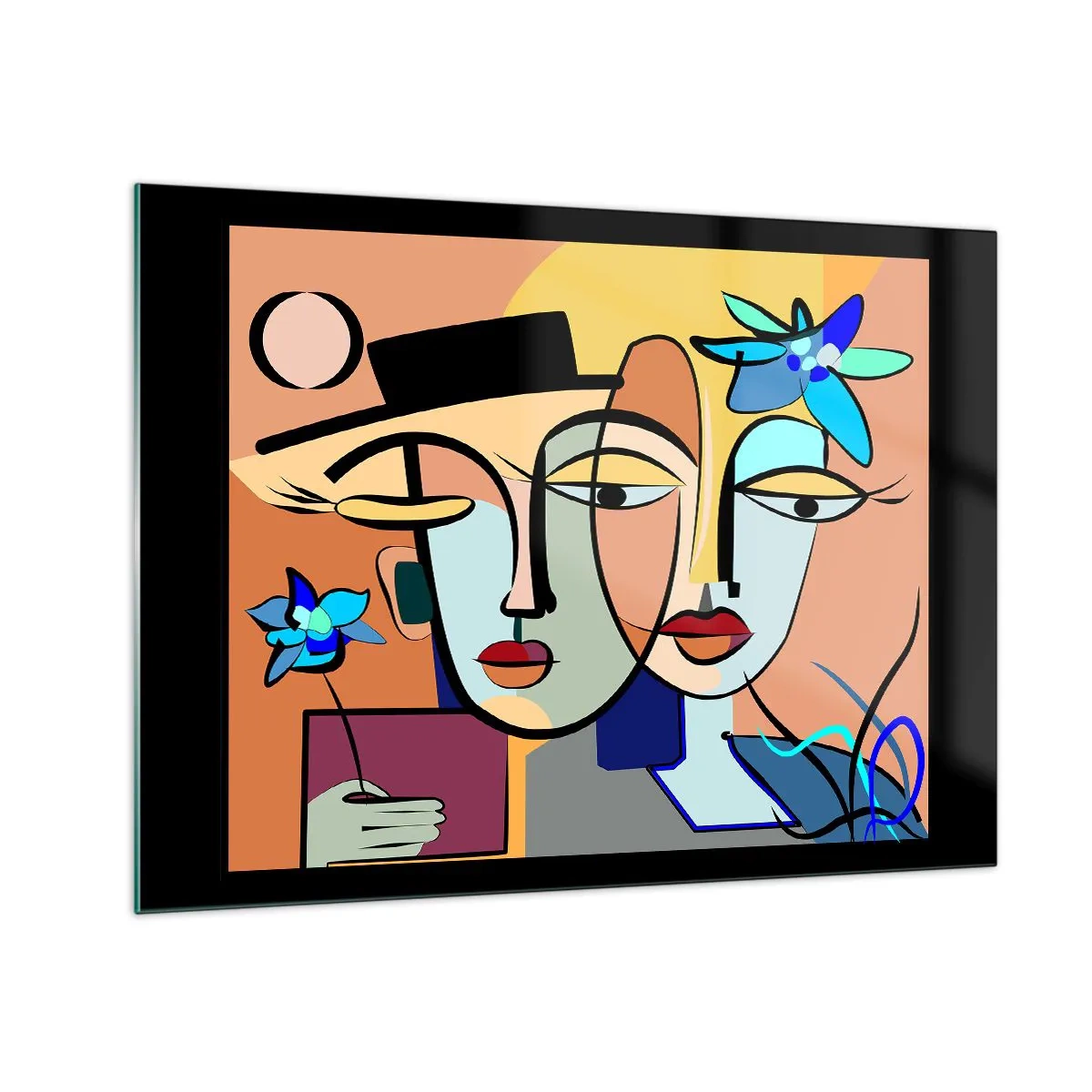 Obraz na skle - Farebné tváre v kubistickom štýle s kvetmi - 70x50cm - Picassovo randez vous - Moderná nástenná dekorácia do obývacej izby a spálne ARTTOR
