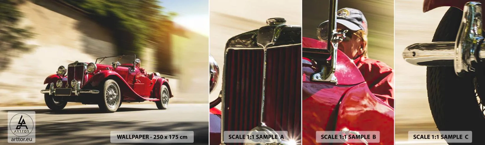 Vzorka samolepiacej fototapety Deluxe Sticker - Krajšia ako Níke Samotrácka - Auto, Retro, Kabriolet - 100x30 cm