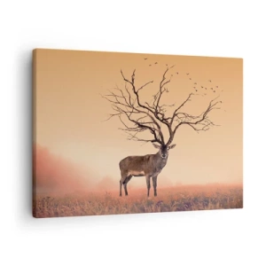 Obraz na plátne - Elegantná grafika jeleňa s konármi namiesto parohov - 70x50cm - Prajelen - večný duch lesa - Moderná nástenná dekorácia do obývacej izby a spálne ARTTOR