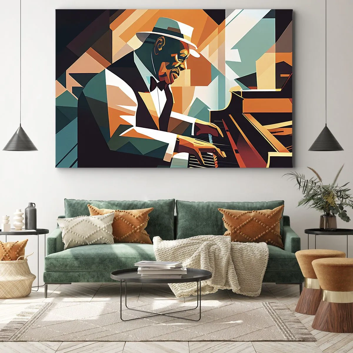 Obraz na plátne - Abstraktný hudobník hrajúci na klavíri v teplých farbách. - 70x50cm - Celý tento jazz - Moderná nástenná dekorácia do obývacej izby a spálne ARTTOR