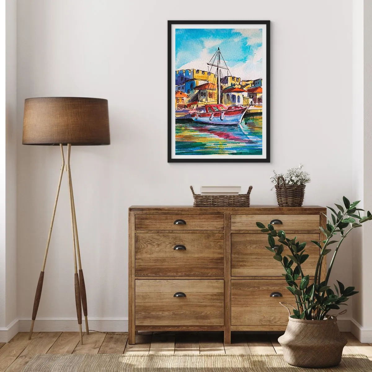 Plagát v čiernom ráme - Farebný akvarelový obraz jachty v prímorskom mestečku - 50x70cm - Dúhové popoludnie - Moderná nástenná dekorácia do obývacej izby a spálne ARTTOR