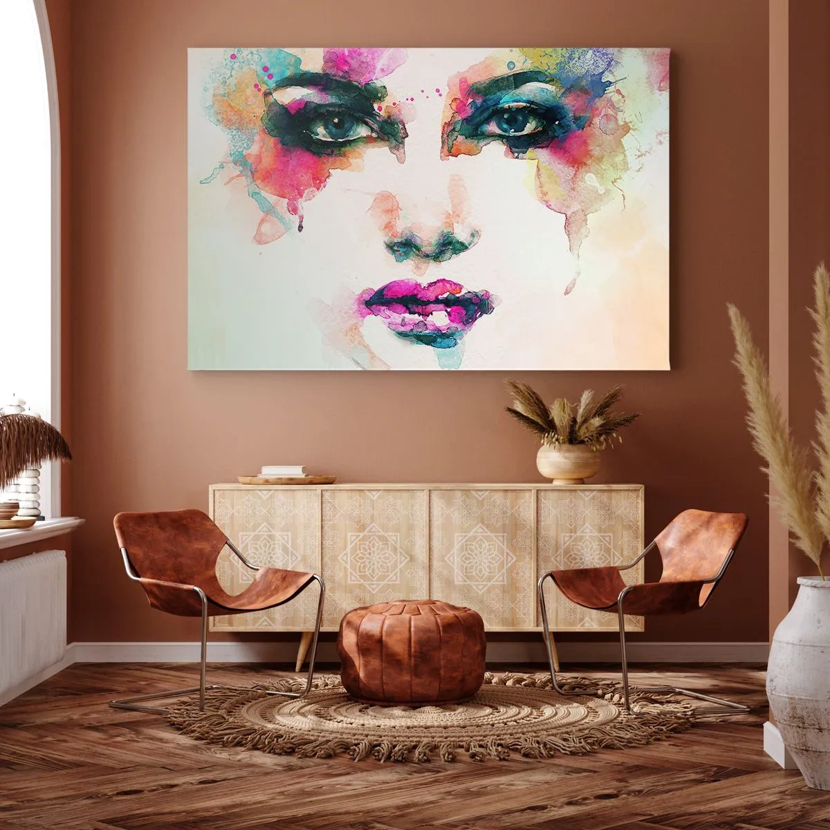 Obraz na plátne - Abstraktný portrét ženy v intenzívnych farbách - 70x50cm - Portrét maľovaný dúhou - Moderná nástenná dekorácia do obývacej izby a spálne ARTTOR