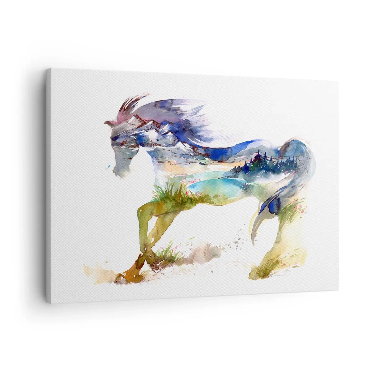 Obraz na plátne - Akvarel koňa so siluetou horskej krajiny - 70x50cm - Z lúky priamo do neba - Moderná nástenná dekorácia do obývacej izby a spálne ARTTOR