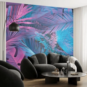 Fototapeta Premium Canvas - Tropy v ružovej a modrej - Abstrakcia, Listy, Tropická rastlina - 100x70 cm