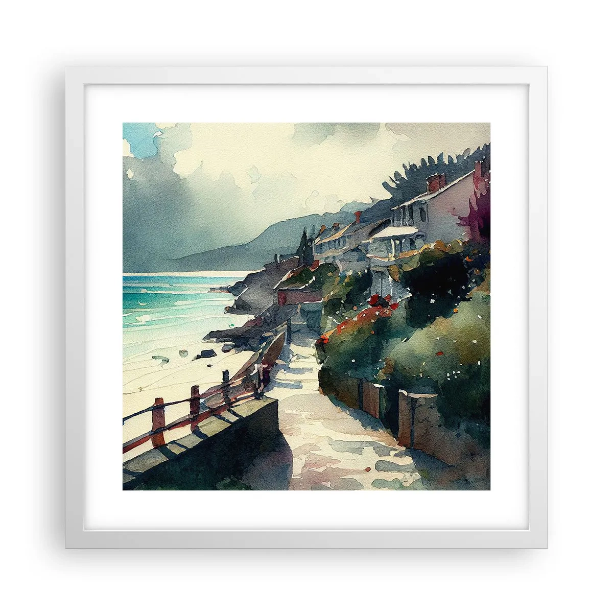 Plagát v bielom ráme - Stredomorské mestečko - 40x40 cm