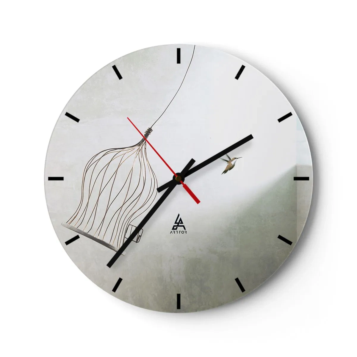 Nástenné hodiny - Vták opúšťajúci klietku na svetlom pozadí - 30x30cm - Vo svojom živle - Moderná nástenná dekorácia do obývacej izby, kuchyne a spálne ARTTOR