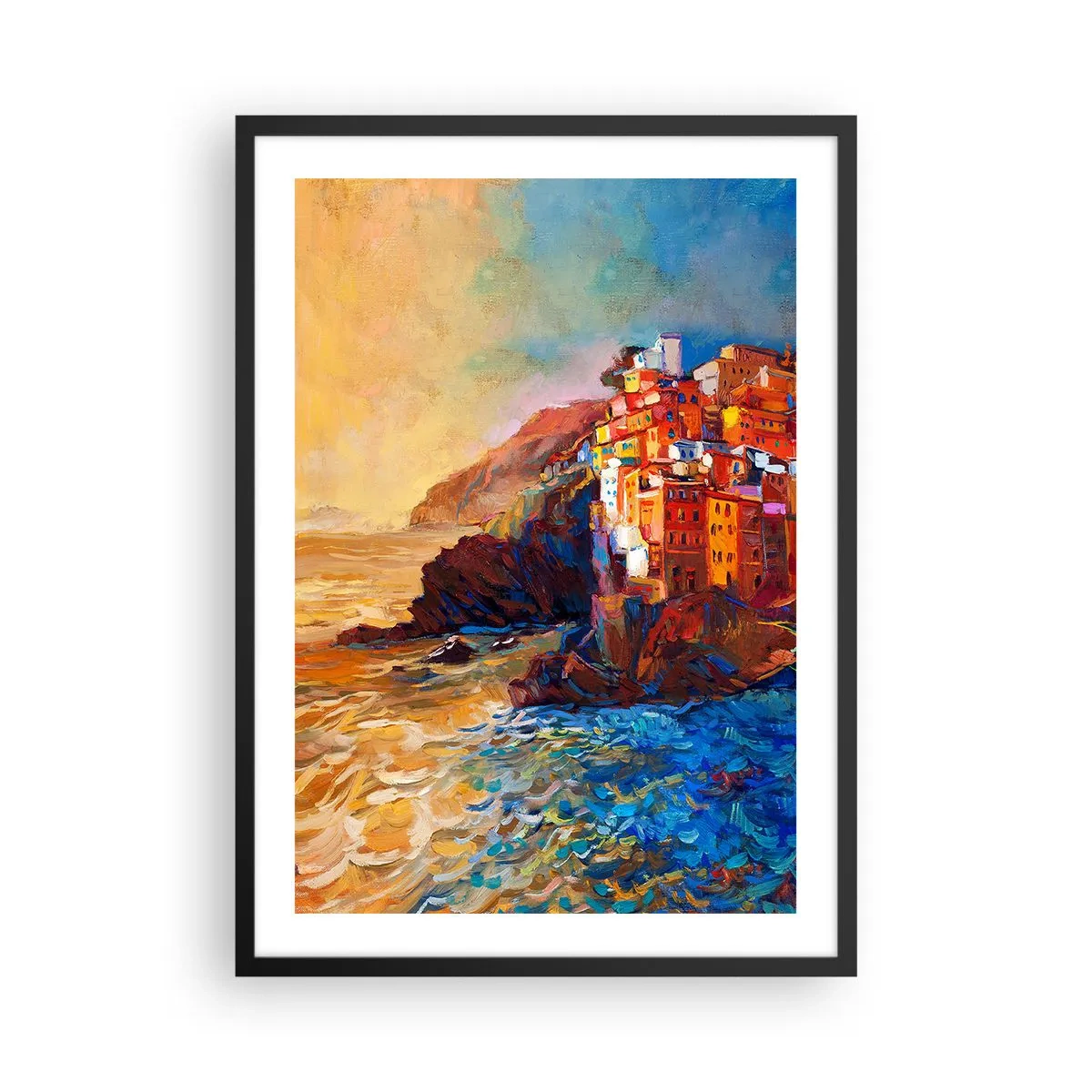 Plagát v čiernom ráme - Farebné budovy s výhľadom na útes a more pri západe slnka - 50x70cm - Taliansky nádych - Moderná nástenná dekorácia do obývacej izby a spálne ARTTOR
