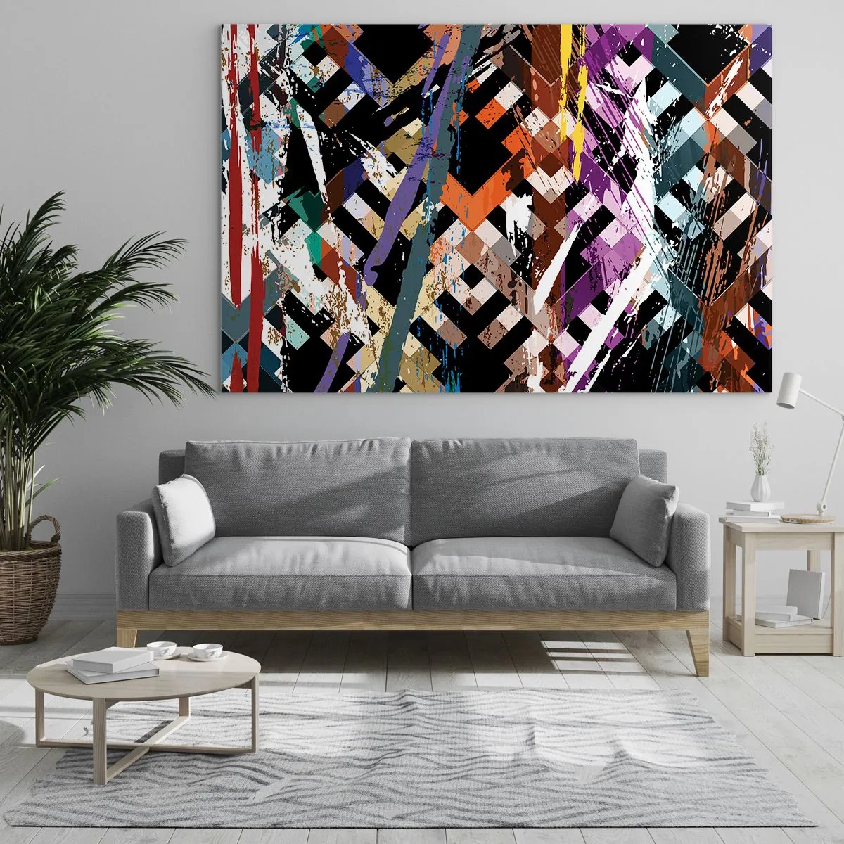 Obraz na skle - Abstraktná kompozícia s geometrickými vzormi a intenzívnymi farbami. - 70x50cm - Umocnené na druhú - Moderná nástenná dekorácia do obývacej izby a spálne ARTTOR