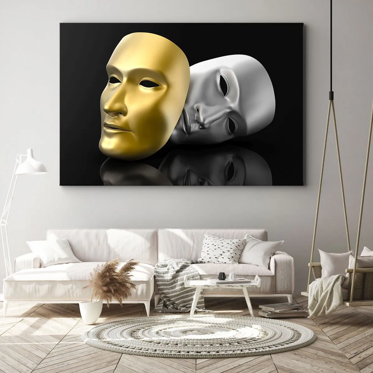 Obraz na plátne - Zlatá a strieborná maska na čiernom pozadí - 70x50cm - Život je divadlo - Moderná nástenná dekorácia do obývacej izby a spálne ARTTOR