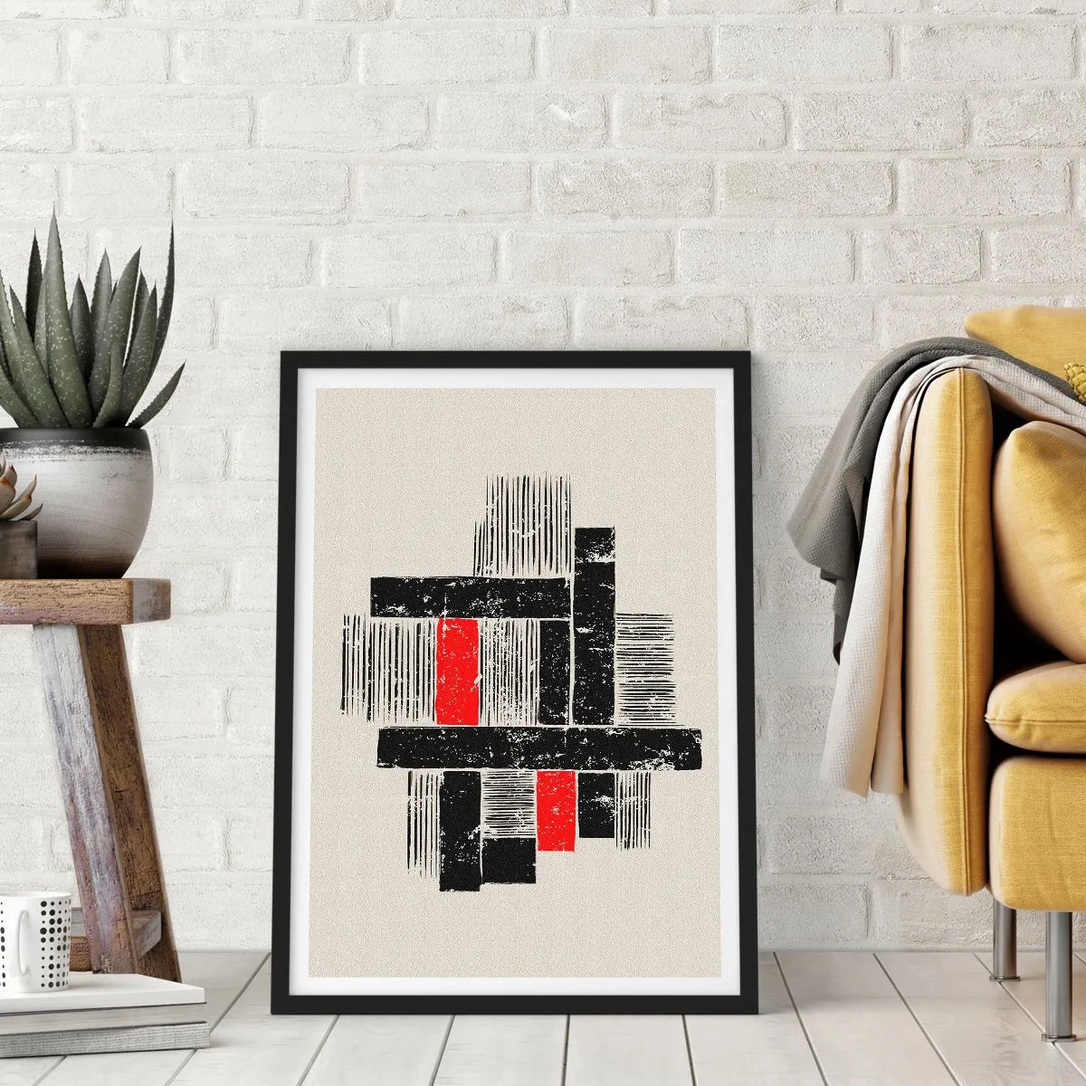 Plagát v čiernom ráme - Geometrická abstrakcia v čiernej, červenej a béžovej farbe - 50x70cm - Červené a čierne - Moderná nástenná dekorácia do obývacej izby a spálne ARTTOR