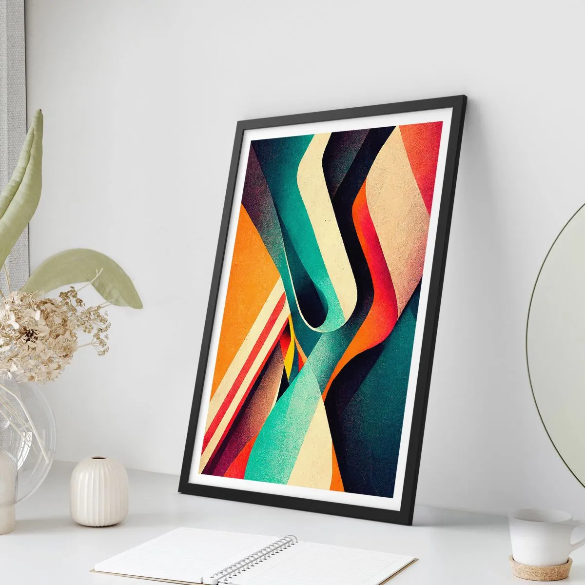Plagát v čiernom ráme - Abstraktné vlny v žiarivých retro farbách - 50x70cm - Intenzívna kompozícia - Moderná nástenná dekorácia do obývacej izby a spálne ARTTOR