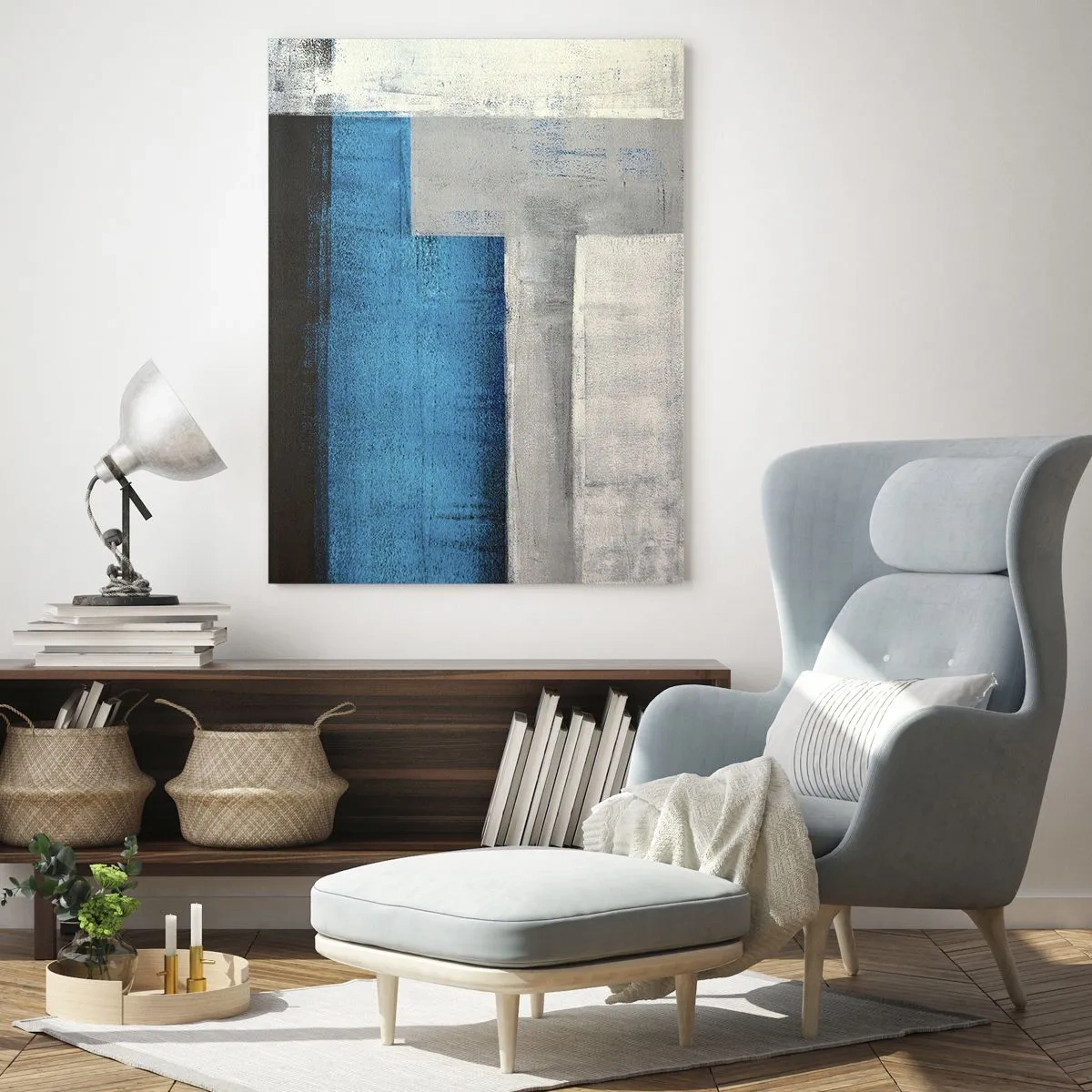 Obraz na skle - Poetická kompozícia šedej a modrej - 50x70 cm