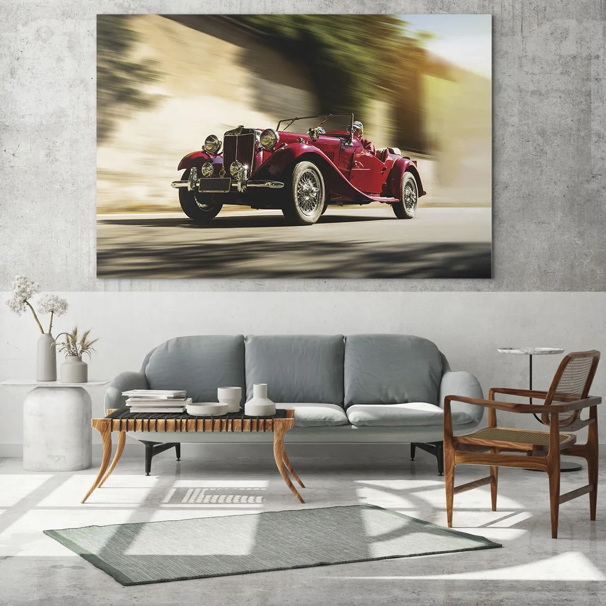 Obraz na skle - Klasický červený kabriolet v pohybe na pozadí ulice a rozmazanej krajiny - 70x50cm - Krajšia ako Níke Samotrácka - Moderná nástenná dekorácia do obývacej izby a spálne ARTTOR
