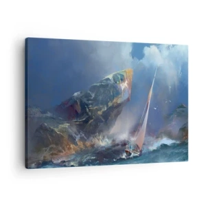 Obraz na plátne - Plachetnica v búrke na úpätí mohutnej skaly - 70x50cm - Kto má odvahu, vyhráva - Moderná nástenná dekorácia do obývacej izby a spálne ARTTOR