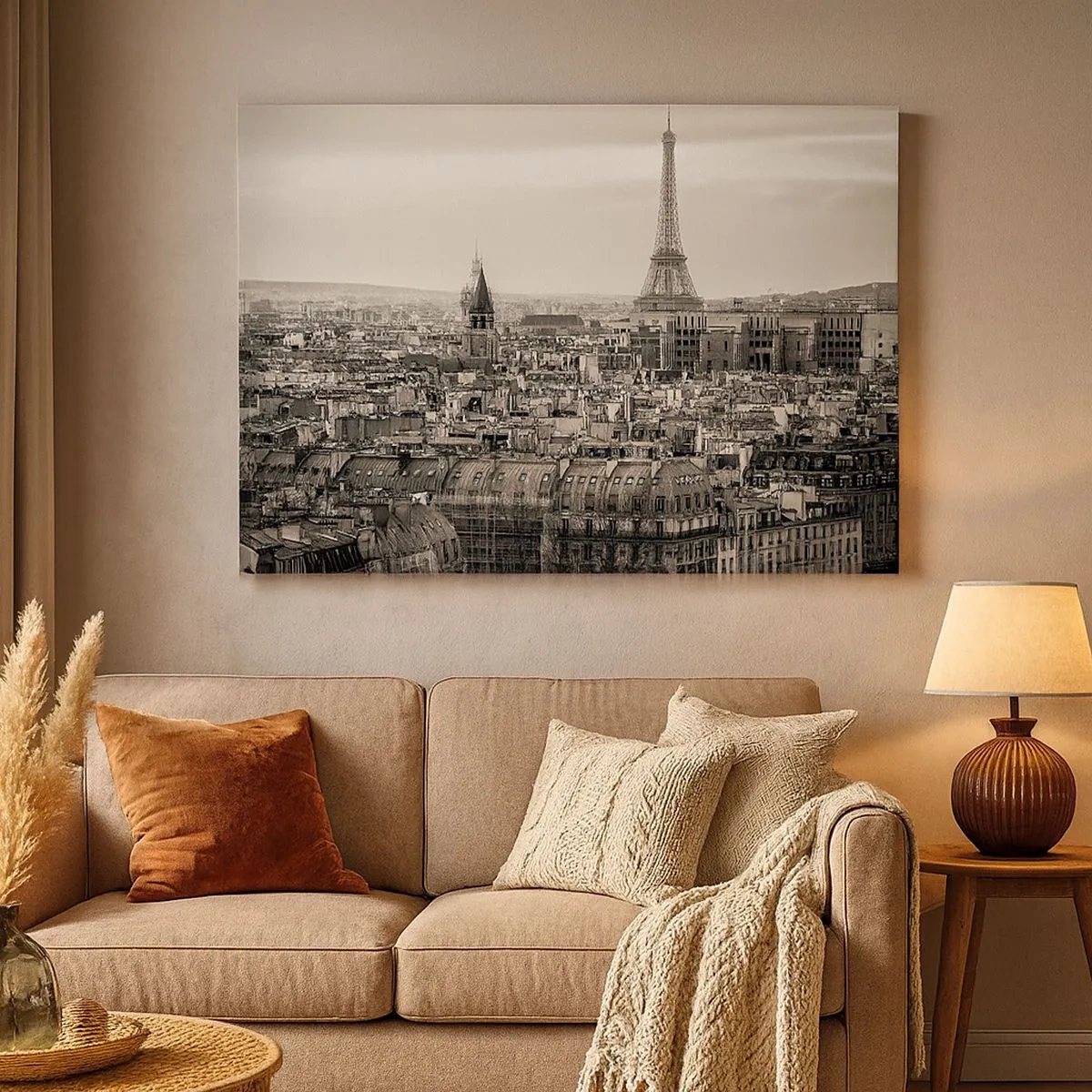 Obraz na plátne - Panoráma Paríža s Eiffelovou vežou v sépiových tónoch - 70x50cm - Nad strechami Paríža - Moderná nástenná dekorácia do obývacej izby a spálne ARTTOR