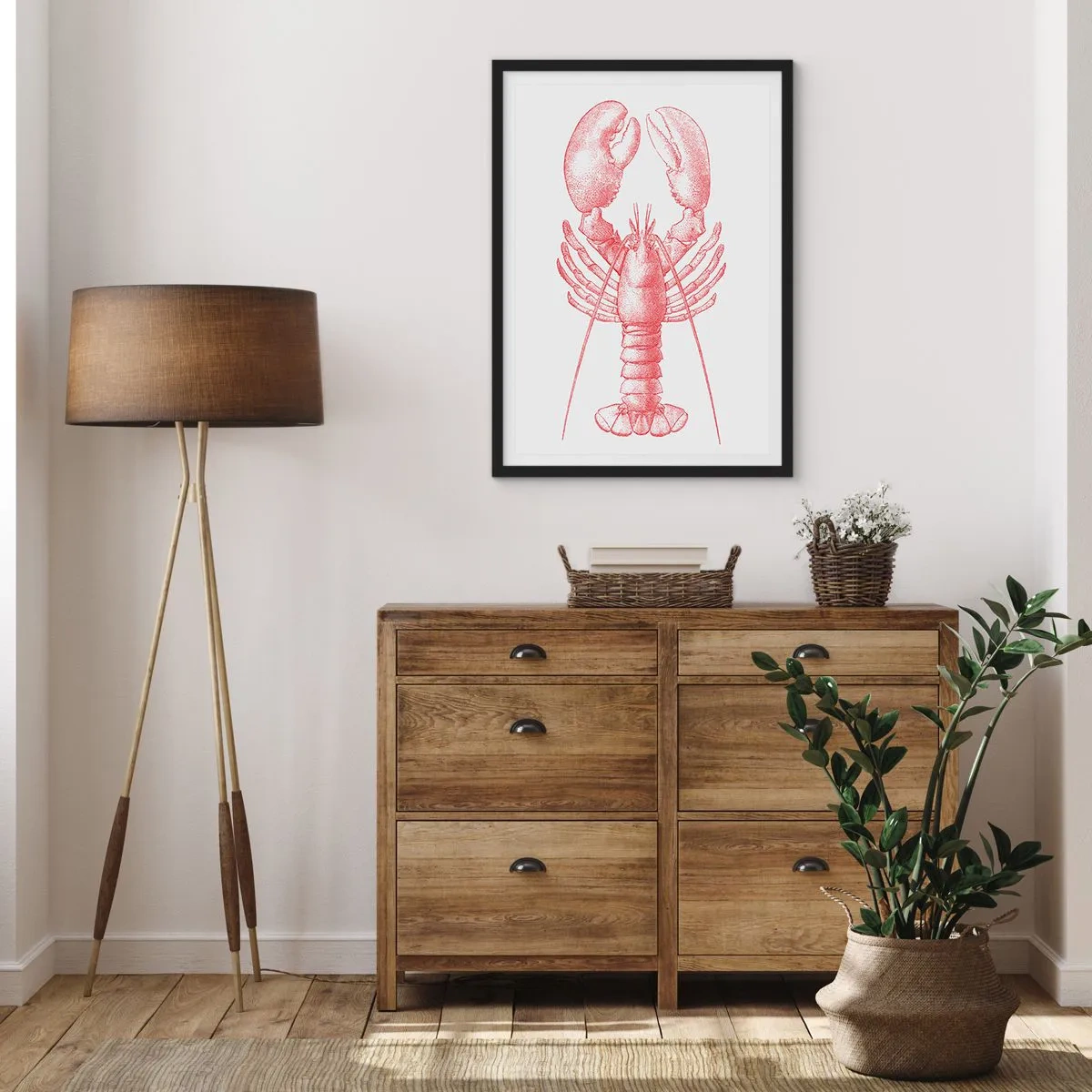 Plagát v čiernom ráme - Vintage kresba homára na svetlom pozadí - 50x70cm - Homár hodný Homéra - Moderná nástenná dekorácia do obývacej izby a spálne ARTTOR