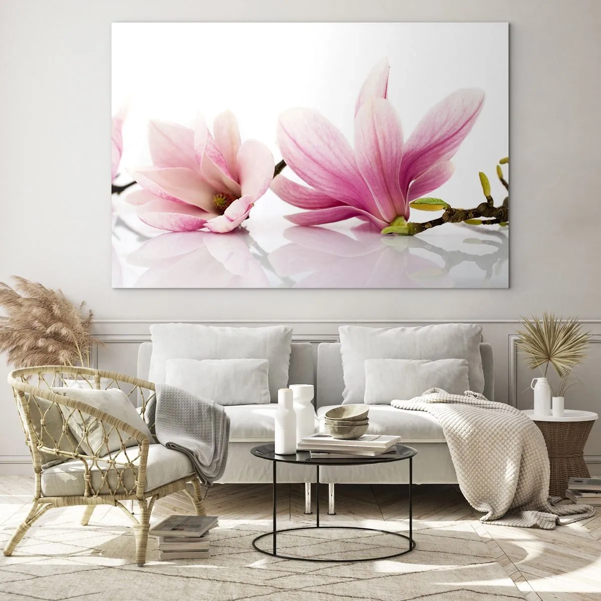 Obraz na skle - Jemné kvety magnólie na bielom pozadí - 70x50cm - Jemné ako závan jari - Moderná nástenná dekorácia do obývacej izby a spálne ARTTOR