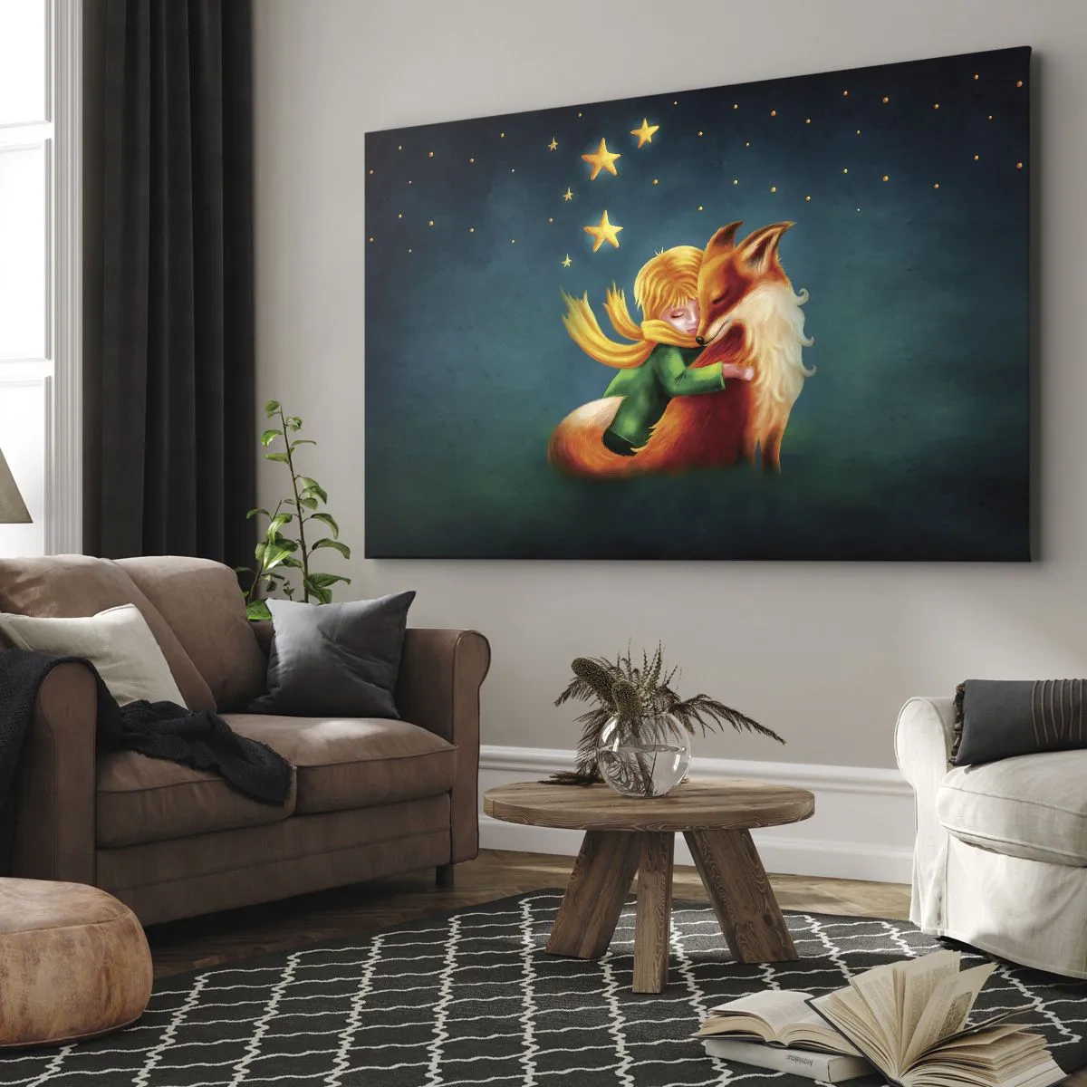 Obraz na plátne - Chlapec s líškou v magickom prostredí s hviezdami - 70x50cm - Malý princ - Moderná nástenná dekorácia do obývacej izby a spálne ARTTOR