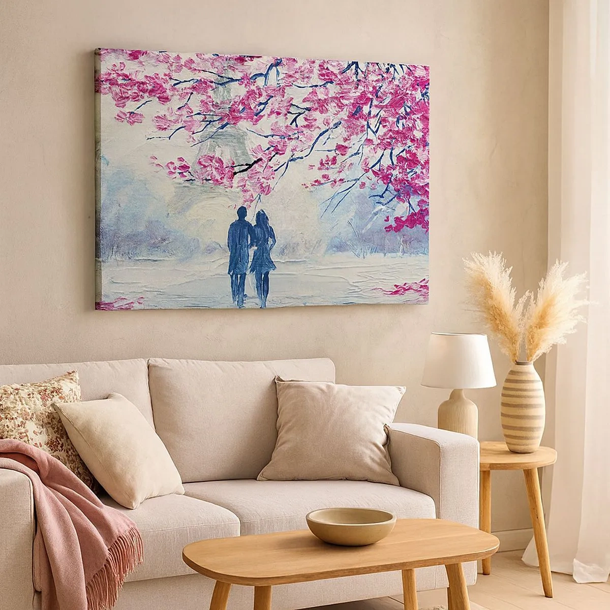 Obraz na plátne - Pár pod kvitnúcimi ružovými stromami v romantickom prostredí - 70x50cm - Romantická prechádzka - Moderná nástenná dekorácia do obývacej izby a spálne ARTTOR