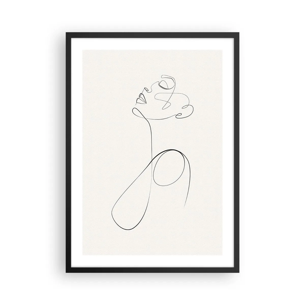 Plagát v čiernom ráme - Minimalistická línia vytvárajúca ženskú siluetu - 50x70cm - Zamotaná v snoch - Moderná nástenná dekorácia do obývacej izby a spálne ARTTOR