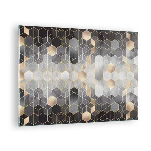 Obraz na skle - Geometrický vzor šesťuholníkov v zlatých čiarach - 70x50cm - Diamantová kompozícia - Moderná nástenná dekorácia do obývacej izby a spálne ARTTOR