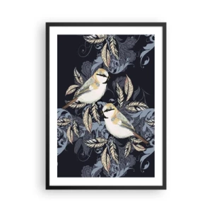 Plagát v čiernom ráme - Dva vtáky na pozadí ozdobných listov a ozdôb - 50x70cm - Žltomodrá pieseň - Moderná nástenná dekorácia do obývacej izby a spálne ARTTOR