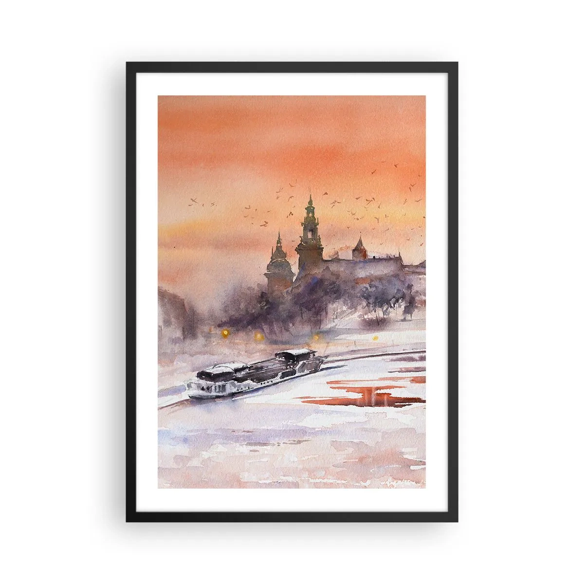 Plagát v čiernom ráme - Akvarelová panoráma mesta pri západe slnka - 50x70cm - Kráľovský západ slnka - Moderná nástenná dekorácia do obývacej izby a spálne ARTTOR