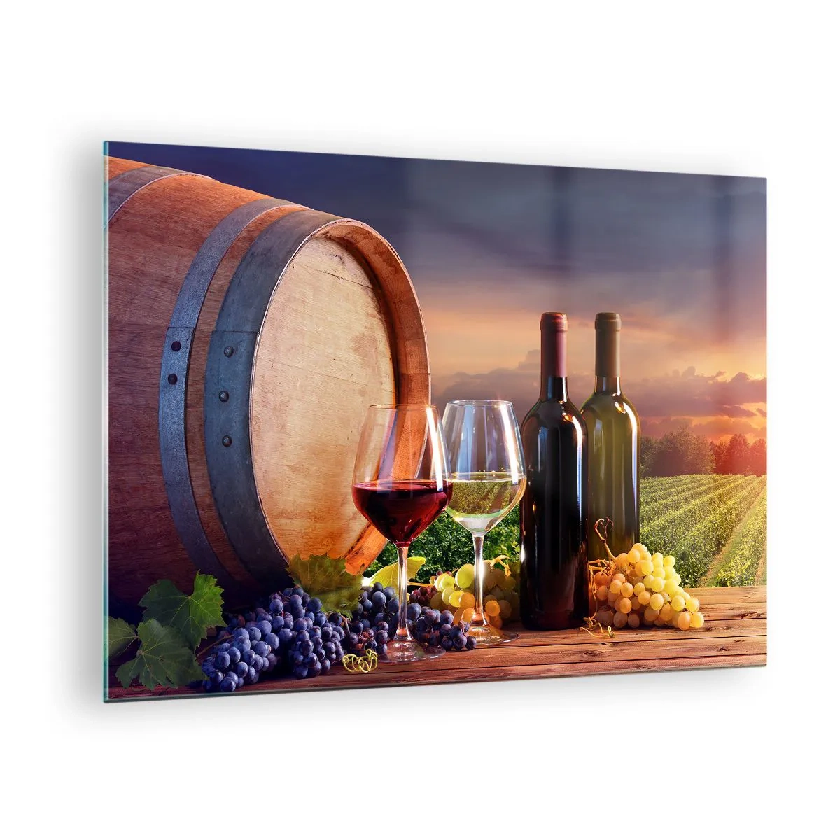Obraz na skle - Viničná réva, sud a poháre na pozadí zapadajúceho slnka - 70x50cm - Tu má život chuť - Moderná nástenná dekorácia do obývacej izby a spálne ARTTOR
