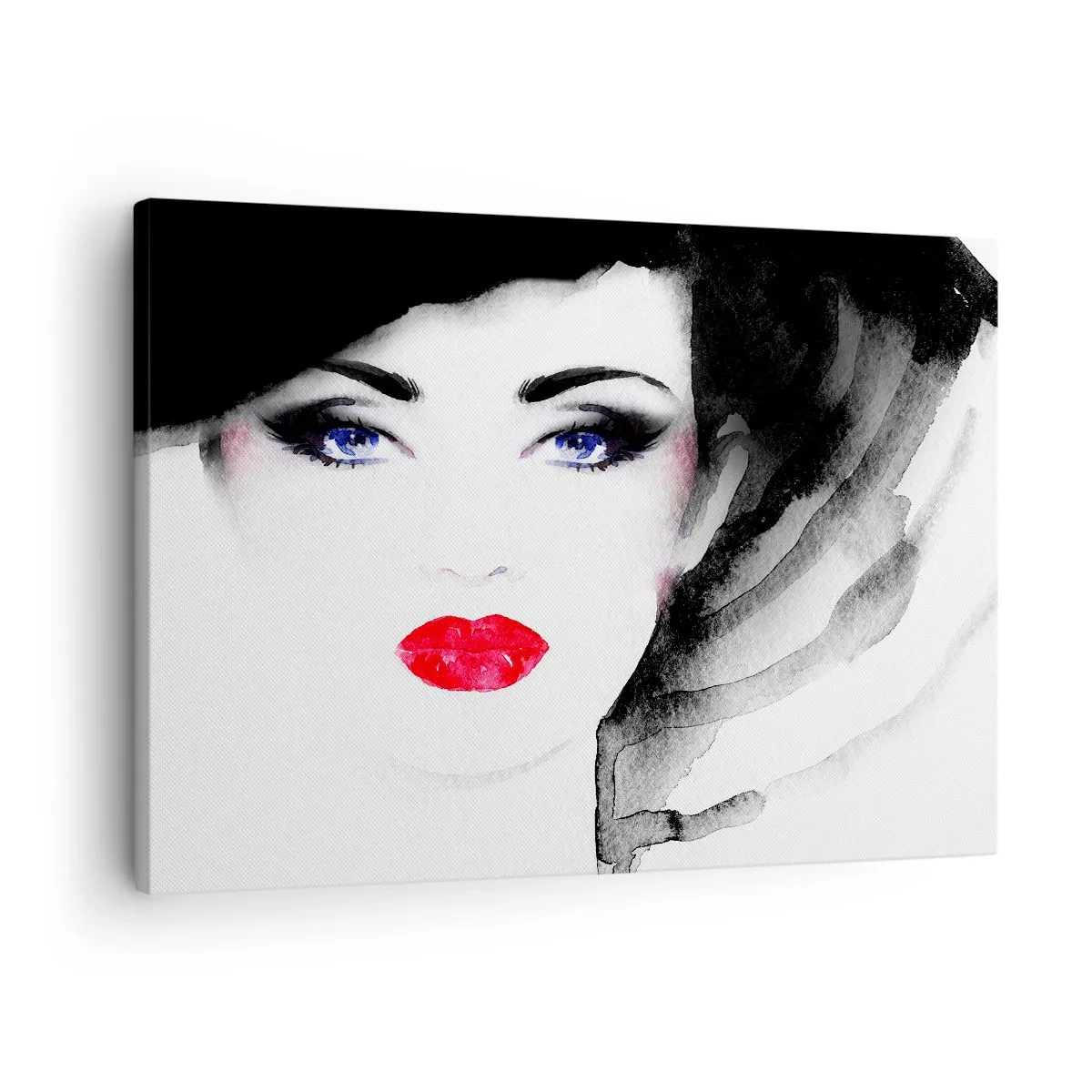 Obraz na plátne - Portrét ženy s červenými perami a intenzívne modrými očami - 70x50cm - Odháňa a privoláva - Moderná nástenná dekorácia do obývacej izby a spálne ARTTOR