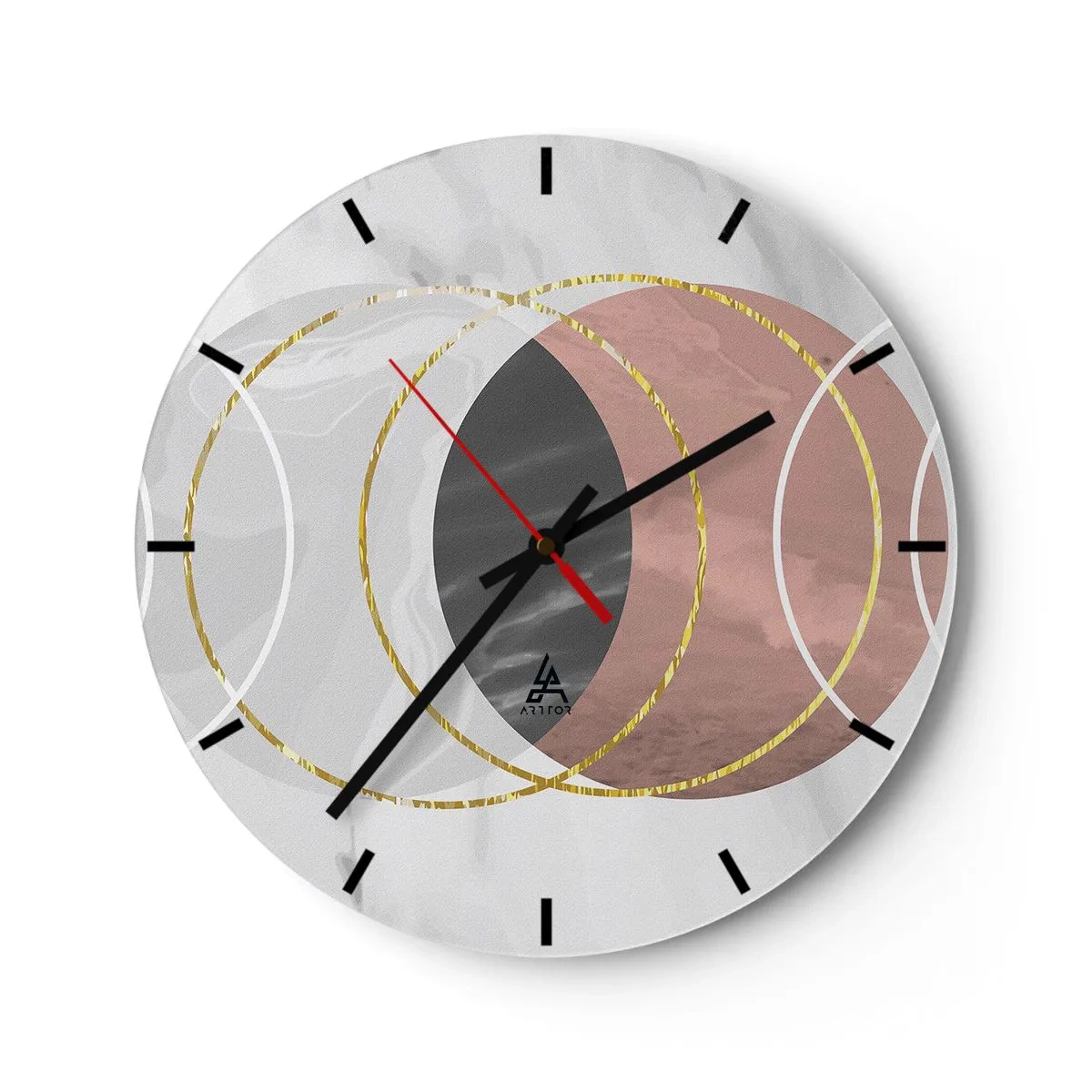 Nástenné hodiny - Geometrické kruhy v odtieňoch sivej a medi so zlatými akcentmi - 30x30cm - Hudba sfér - Moderná nástenná dekorácia do obývacej izby, kuchyne a spálne ARTTOR