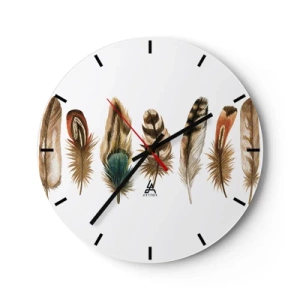 Nástenné hodiny - Farebné perie v umeleckom aranžmáne - 30x30cm - Operená variácia - Moderná nástenná dekorácia do obývacej izby, kuchyne a spálne ARTTOR