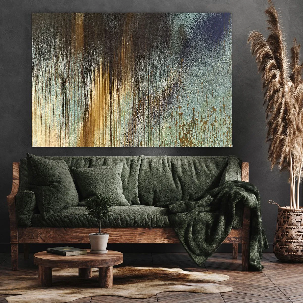 Obraz na plátne - Abstraktná kompozícia farieb v odtieňoch zlatej, hnedej a modrej. - 70x50cm - Nenáhodná farebná kompozícia - Moderná nástenná dekorácia do obývacej izby a spálne ARTTOR