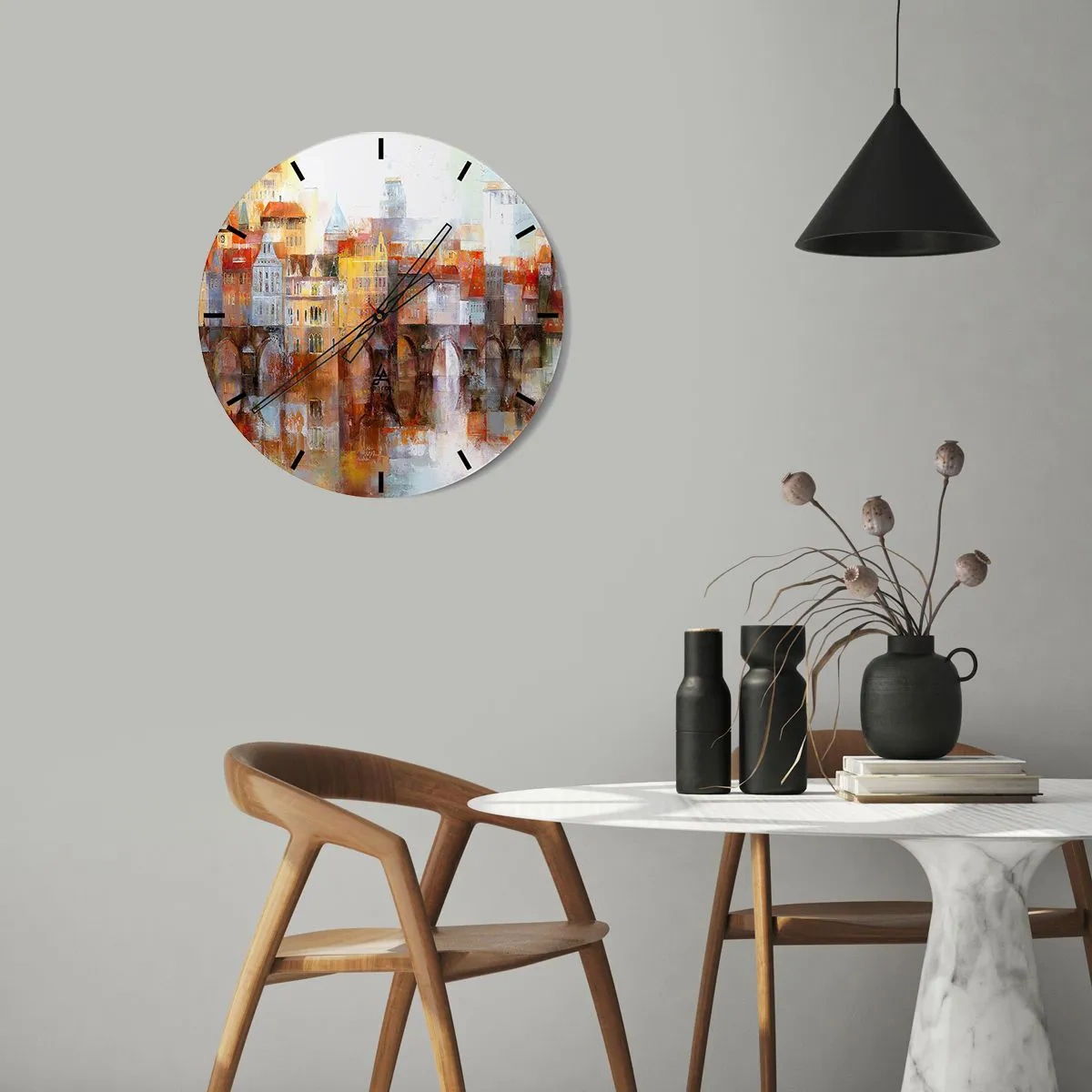 Nástenné hodiny - Malebné mesto s mostom a odrazom vo vode - 30x30cm - Pod mostom je tiež krásne - Moderná nástenná dekorácia do obývacej izby, kuchyne a spálne ARTTOR