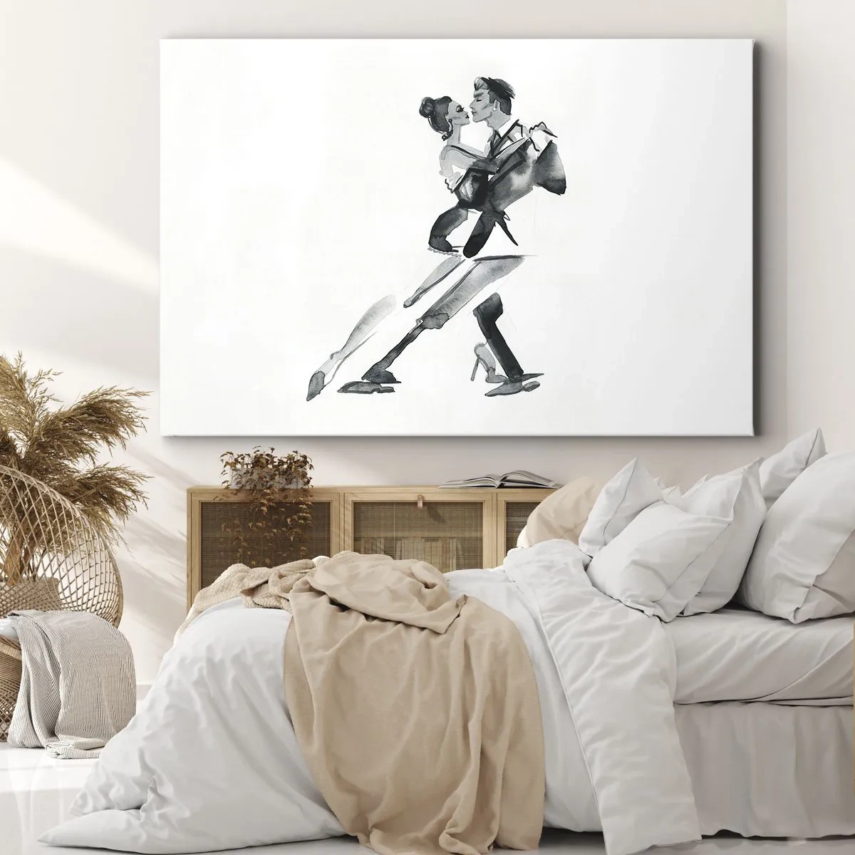 Obraz na plátne - Jemná ilustrácia páru tancujúceho v monochromatickom štýle. - 70x50cm - V jednom rytme - Moderná nástenná dekorácia do obývacej izby a spálne ARTTOR