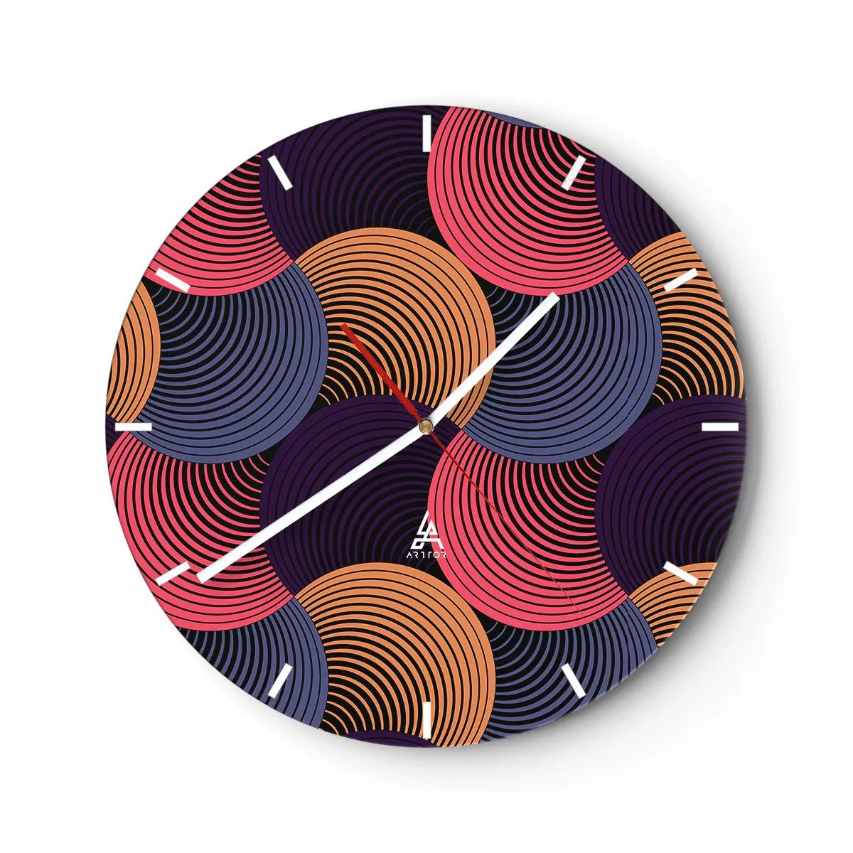 Nástenné hodiny - Farebné sústredné kruhy v dynamickom usporiadaní - 30x30cm - V kruhovom rytme - Moderná nástenná dekorácia do obývacej izby, kuchyne a spálne ARTTOR