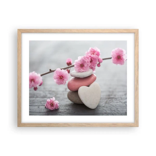 Plagát v ráme zo svetlého duba - Blaženosť s višňovým kvetom - 50x40 cm