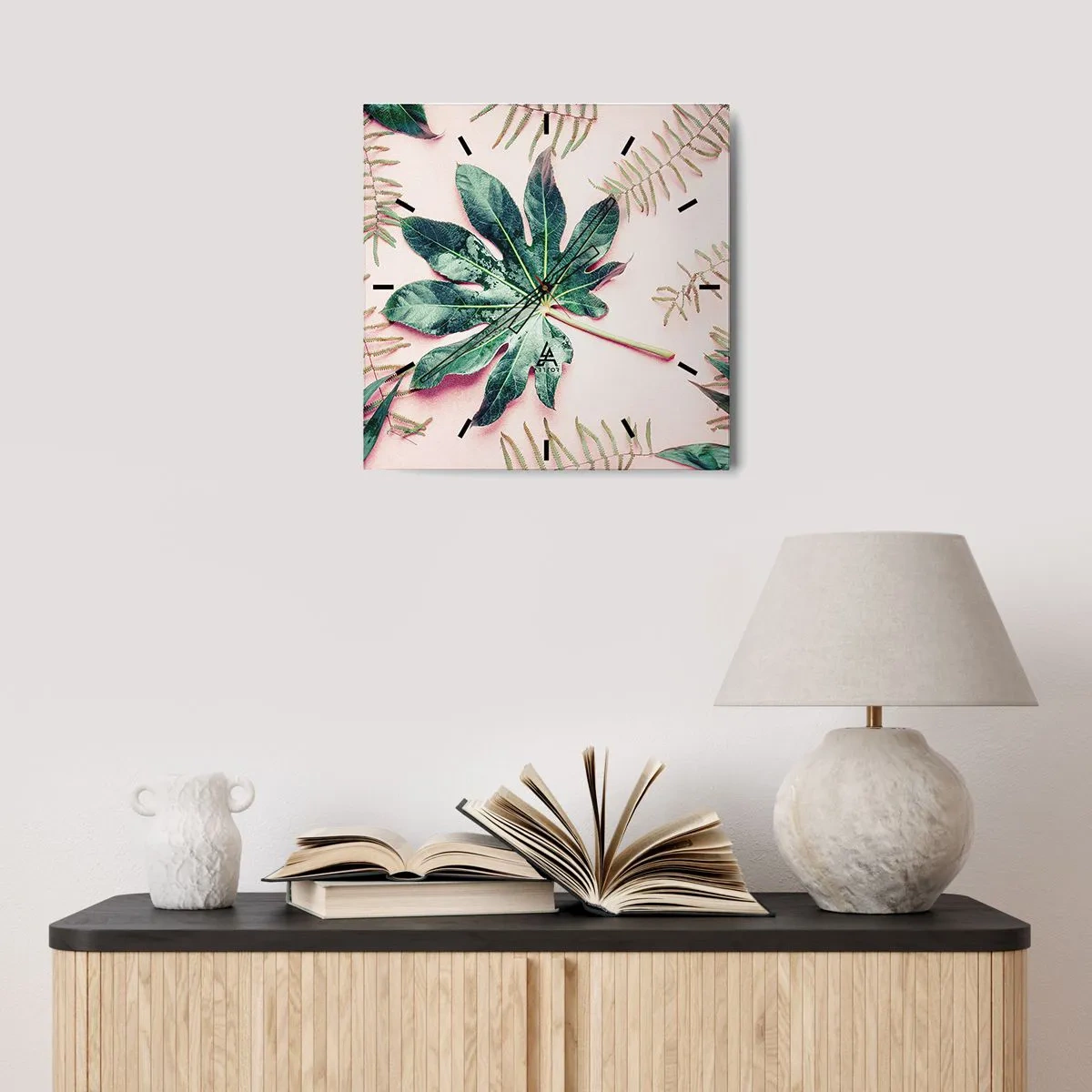 Nástenné hodiny - Štúdia zelenej na ružovom pozadí - 30x30 cm