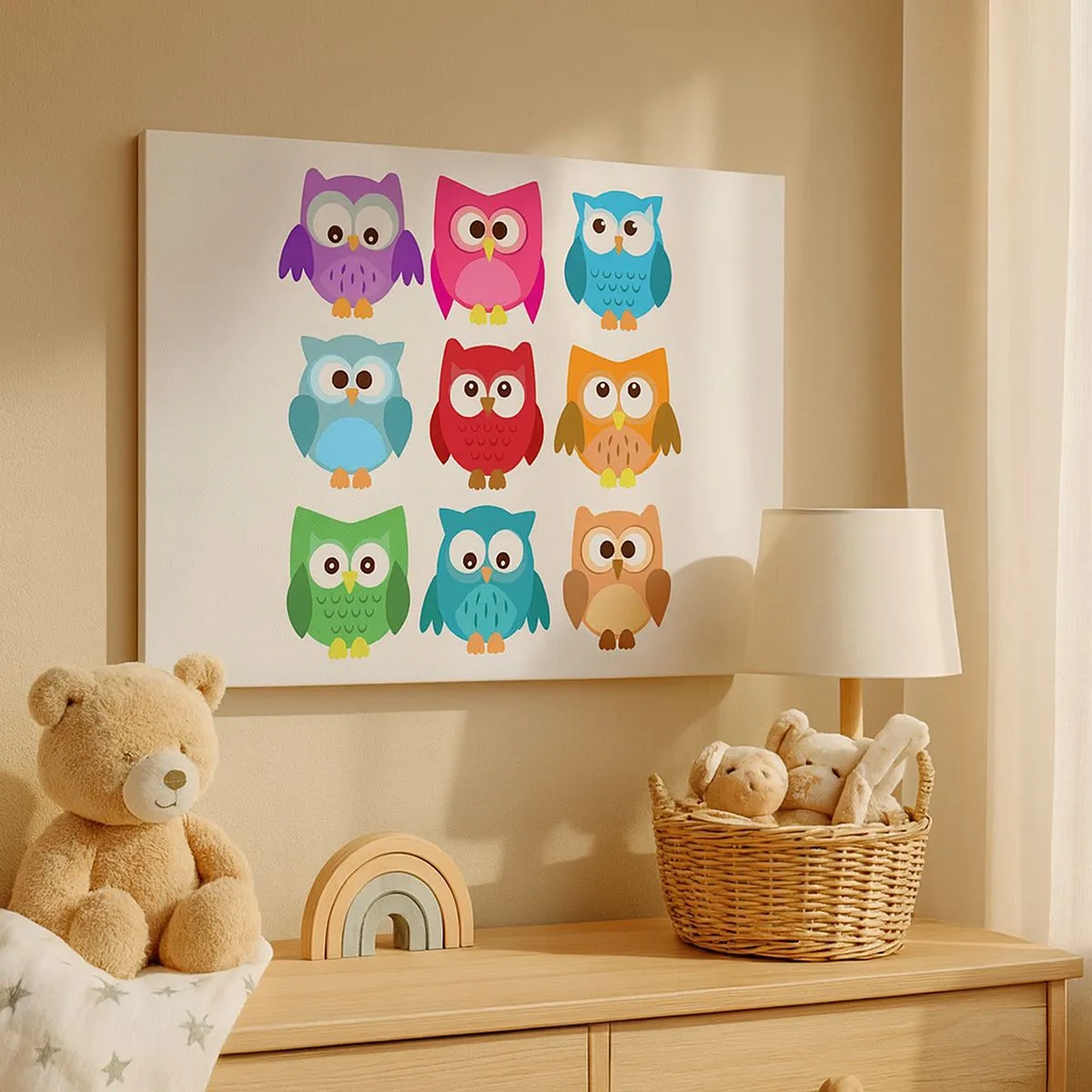 Obraz na plátne - Farebné ilustrácie sov v detskom štýle - 70x50cm - Je zábavné byť iným - Moderná nástenná dekorácia do obývacej izby a spálne ARTTOR