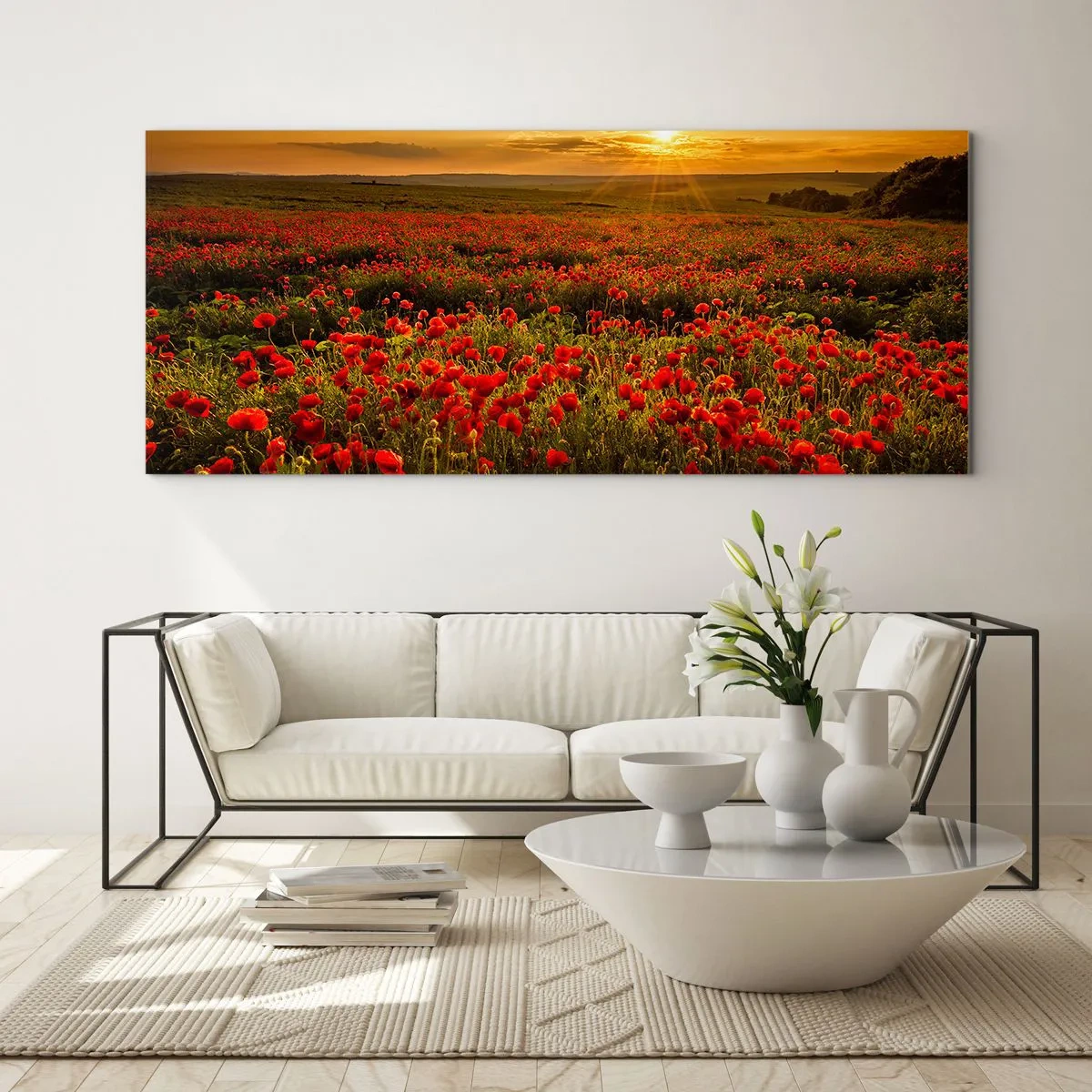 Obraz na skle - Medzi vlnami šumiacich lúk, medzi záplavou kvetov - 140x50 cm