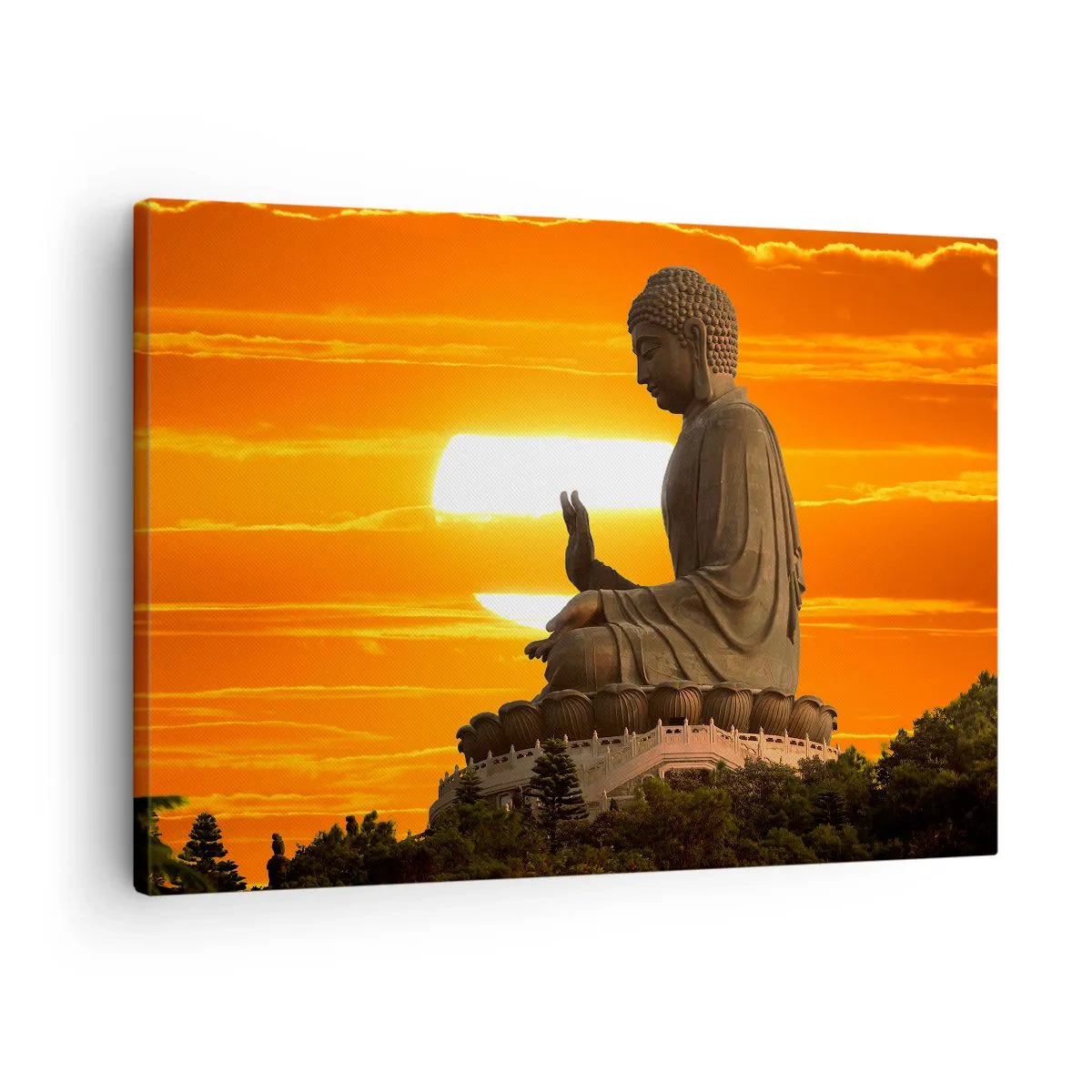 Obraz na plátne - Budhistická socha na pozadí oranžového západu slnka - 70x50cm - Bez strachu zo sveta - Moderná nástenná dekorácia do obývacej izby a spálne ARTTOR