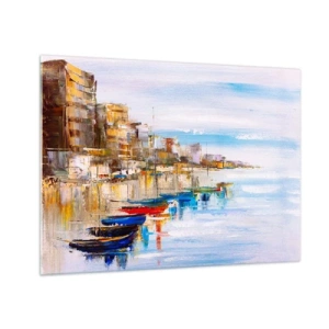 Obraz na skle - Farebné lode kotviace na mestskom nábreží - 70x50cm - Viacfarebný mestský prístav - Moderná nástenná dekorácia do obývacej izby a spálne ARTTOR