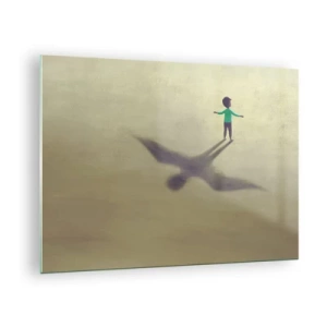Obraz na skle - Chlapec s tieňom v tvare vtáka na béžovom pozadí - 70x50cm - Hrdina budúcnosti - Moderná nástenná dekorácia do obývacej izby a spálne ARTTOR