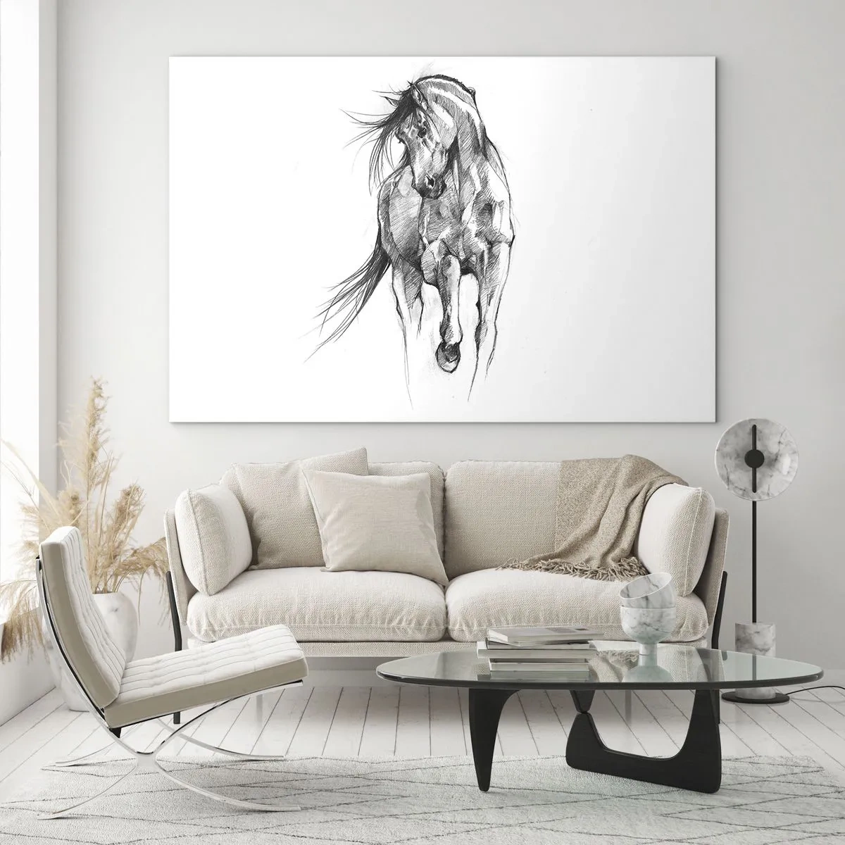 Obraz na skle - Náčrt cválajúceho koňa v minimalistickom štýle - 70x50cm - V ladnom kluse - Moderná nástenná dekorácia do obývacej izby a spálne ARTTOR