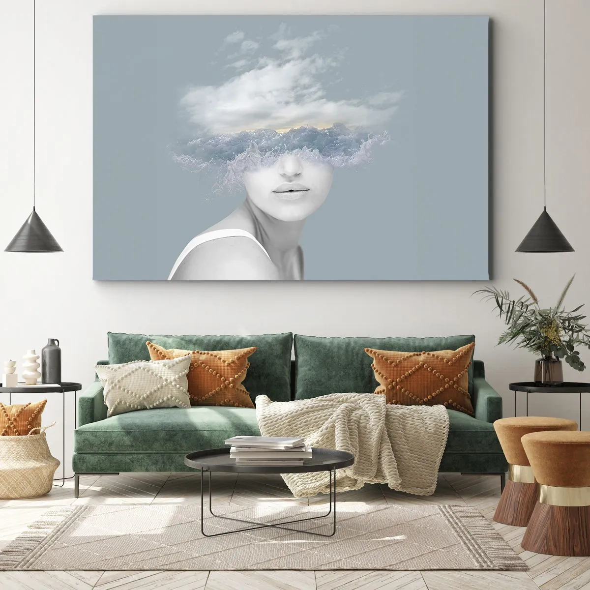 Obraz na plátne - Portrét ženy s tvárou skrytou za oblakmi a vlnami - 70x50cm - S hlavou v oblakoch - Moderná nástenná dekorácia do obývacej izby a spálne ARTTOR