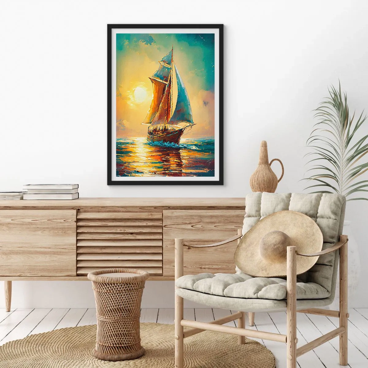 Plagát v čiernom ráme - Plachetnica na pozadí zlatého západu slnka - 50x70cm - Pod plnými plachtami - Moderná nástenná dekorácia do obývacej izby a spálne ARTTOR